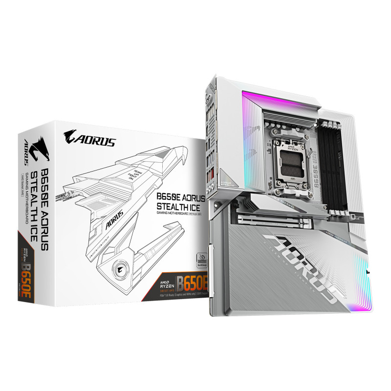 GIGABYTE B650E AORUS STEALTH ICE Carte mère - AMD Ryzen série 9000, VRM 12+2+2 phases, jusqu'à 8000 MHz DDR5 (OC), 1xPCIe 5.0 +